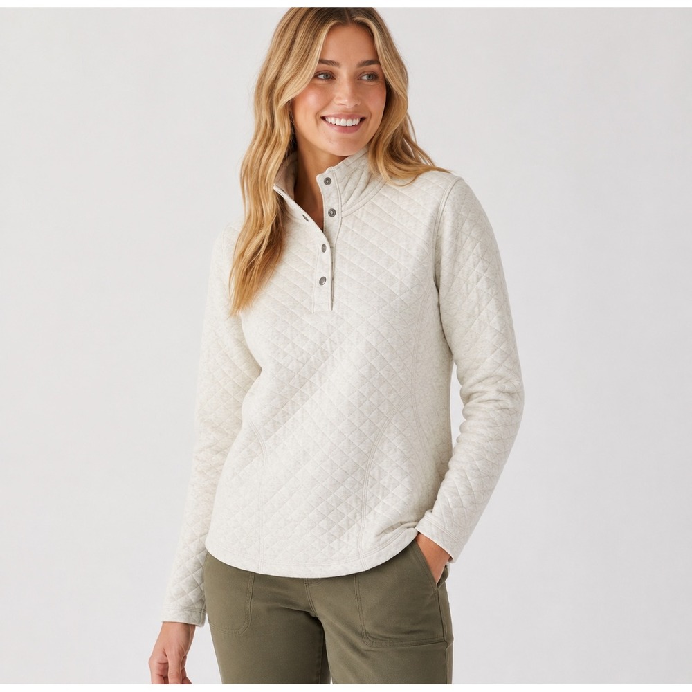 Duluth Trading Co Quilted Sweatshirt Pullover Beige Snap Neck Cotton Womens XL